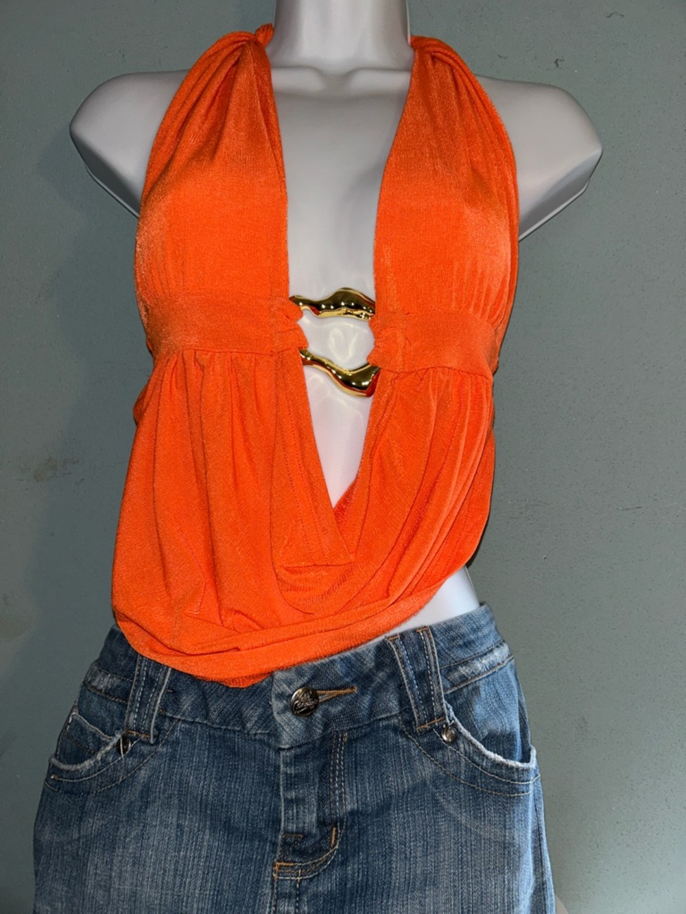 SHEIN Orange Halter Camisole with Gold Ring Detail